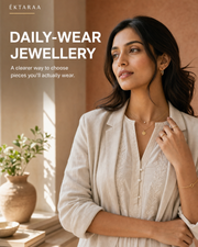 Éktaraa daily-wear jewellery blog cover showing a modern Indian woman in gold-tone earrings, layered necklace, rings and bracelet for everyday styling.