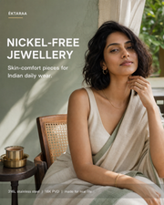 Ektaraa nickel-free jewellery blog cover showing a modern Indian woman in an off-white saree with gold-tone hoops, necklace, bracelet and rings for sensitive-skin daily wear.