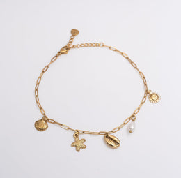 Seashell Link Charm Anklet - Gold - Ektaraa