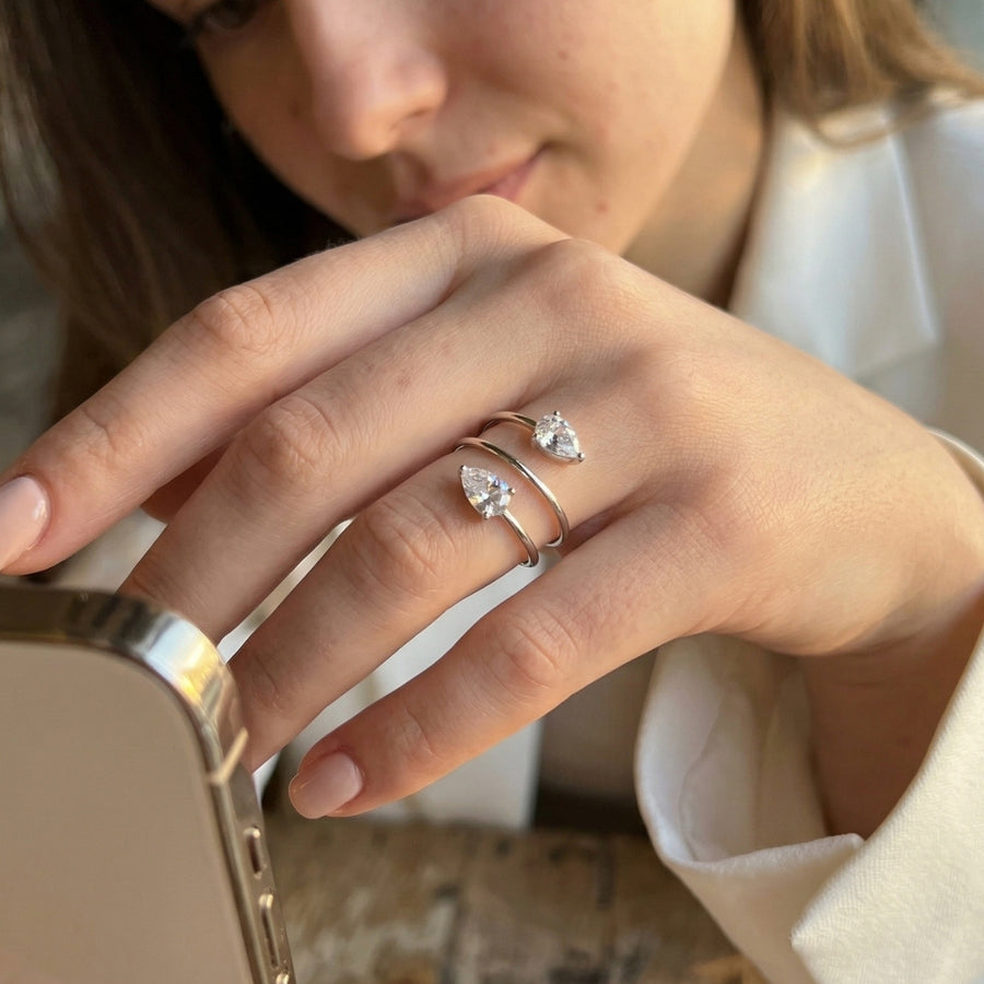 Pear Duo Wrap Ring - Silver – demi-fine ring, 18K PVD gold, waterproof | Éktaraa